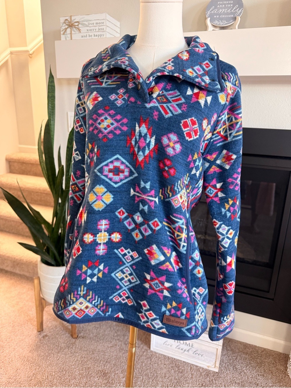 Sherpa Navy Aztec Pullover Sweater with Multicolor Geo Print